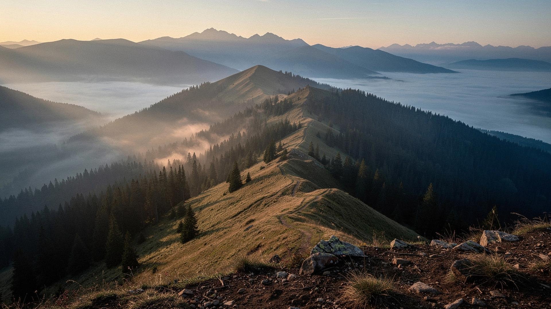 Carpathian mountain ridge at dawn with mist over a pine valley