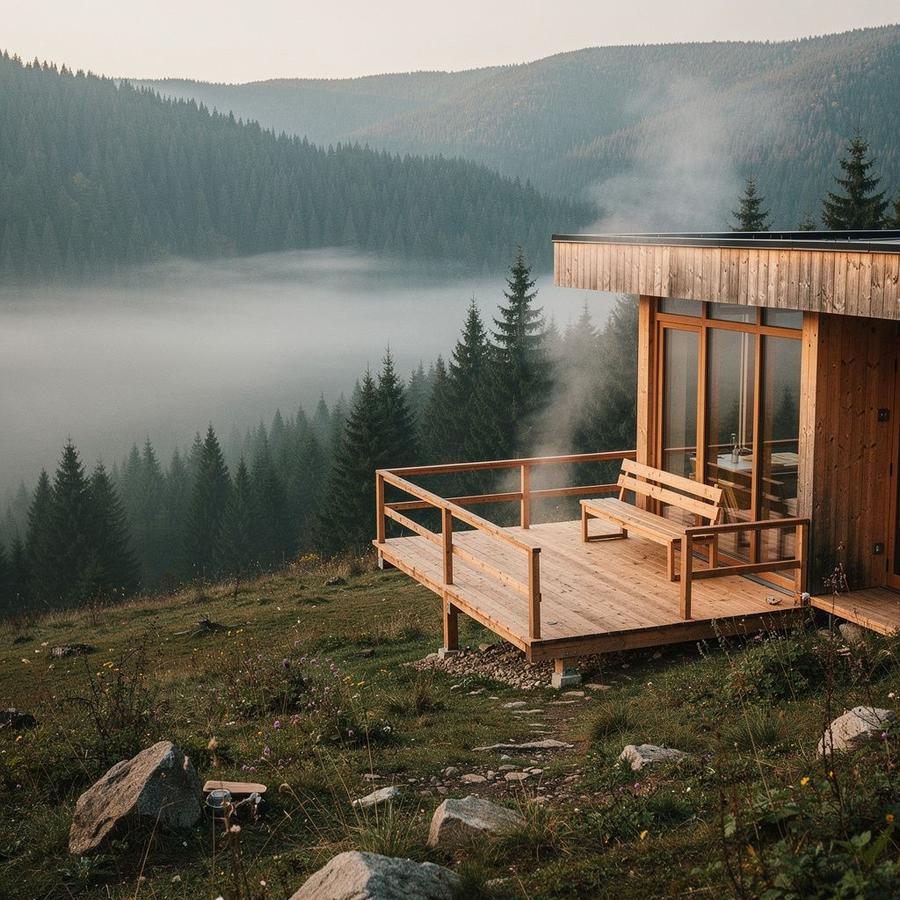 Timber eco-lodge with a steam-bath terrace above a spruce valley in the Carpathians